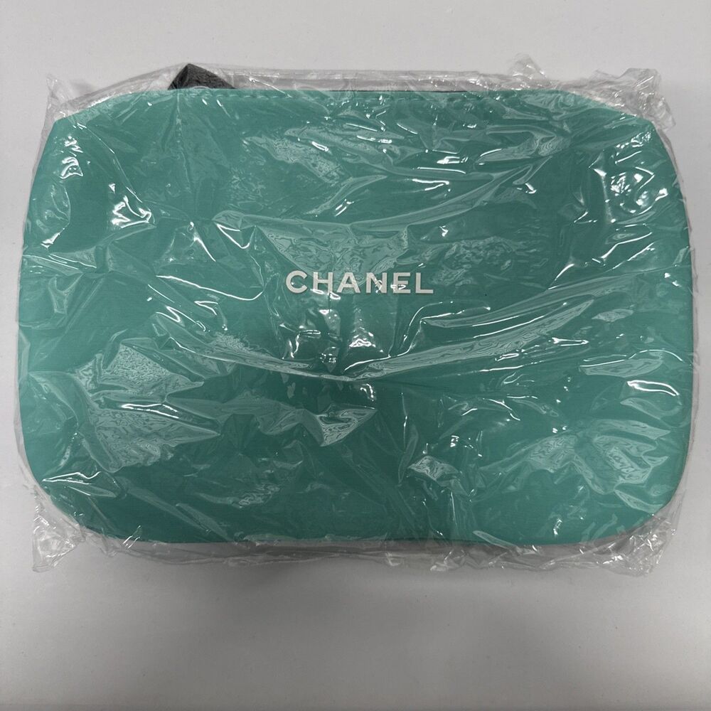New Chanel Beauty Logo Teal Mint Case Cosmetic Makeup Bag Pouch Clutch Authentic